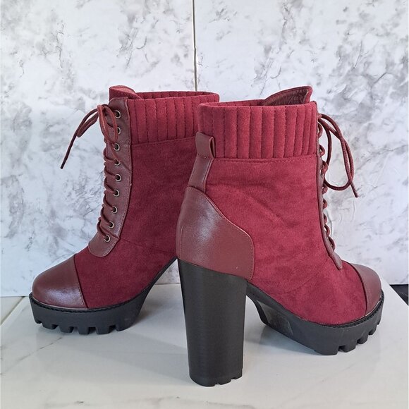 Women’s Moda Burgundy Lace-Up Chunky Block Heel Ankle Booties - Picture 6 of 11